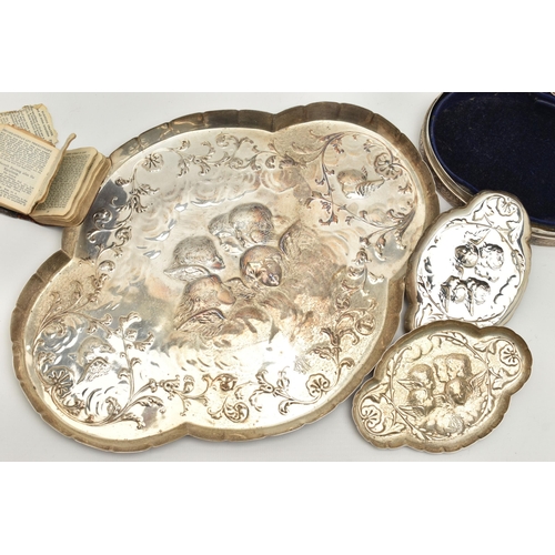 80 - FIVE ITEMS OF SILVER, to include a cherub and foliate embossed tray, with engraved monograms, hallma... 