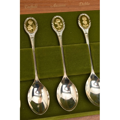 81 - A CASED SILVER SET OF 'THE ROYAL HORTICULTURAL SOCIETY FLOWER SPOONS', wooden box with plaque to the... 