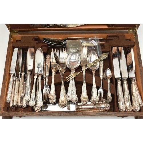 82 - A WOODEN CANTEEN, with stainless steel and EPNS Kings pattern cutlery, including extra pieces of cut... 