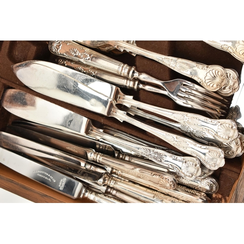 82 - A WOODEN CANTEEN, with stainless steel and EPNS Kings pattern cutlery, including extra pieces of cut... 