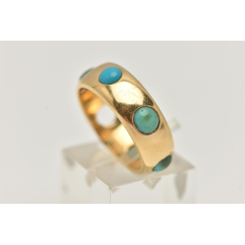 9 - AN EARLY 20TH CENTURY 18CT GOLD AND TURQUOISE RING, a polished band ring set with oval cabochon turq... 