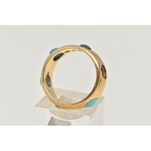 9 - AN EARLY 20TH CENTURY 18CT GOLD AND TURQUOISE RING, a polished band ring set with oval cabochon turq... 