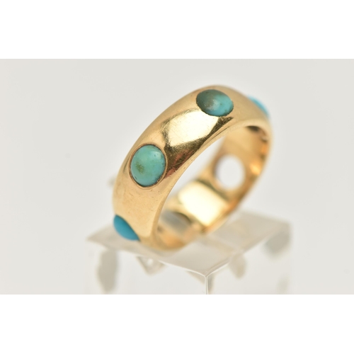 9 - AN EARLY 20TH CENTURY 18CT GOLD AND TURQUOISE RING, a polished band ring set with oval cabochon turq... 