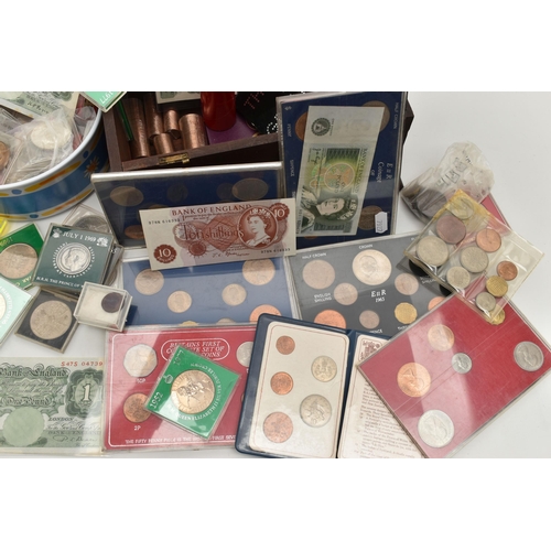 100 - A CARDBOARD BOX  CONTAINING COINS AND COMMEMORATIVES, AND BANKNOTES TO INCLUDE Consecutive Beale £1 ... 