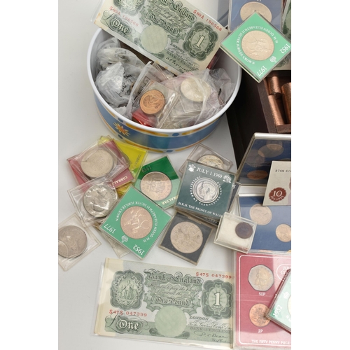 100 - A CARDBOARD BOX  CONTAINING COINS AND COMMEMORATIVES, AND BANKNOTES TO INCLUDE Consecutive Beale £1 ... 