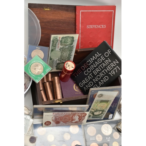 100 - A CARDBOARD BOX  CONTAINING COINS AND COMMEMORATIVES, AND BANKNOTES TO INCLUDE Consecutive Beale £1 ... 