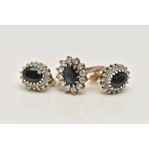 106 - A PAIR OF 9CT YELLOW GOLD SAPPHIRE AND DIAMOND EARRINGS, TOGETHER WITH SIMILARLY DESIGNED RING, each... 