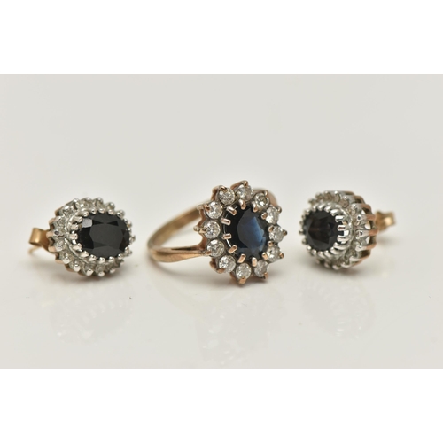 106 - A PAIR OF 9CT YELLOW GOLD SAPPHIRE AND DIAMOND EARRINGS, TOGETHER WITH SIMILARLY DESIGNED RING, each... 