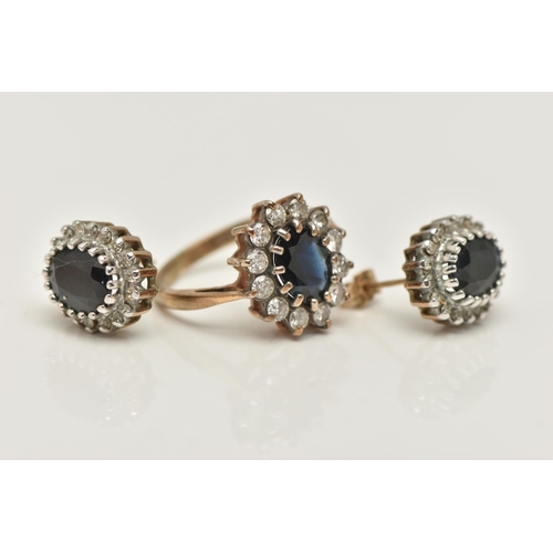 106 - A PAIR OF 9CT YELLOW GOLD SAPPHIRE AND DIAMOND EARRINGS, TOGETHER WITH SIMILARLY DESIGNED RING, each... 