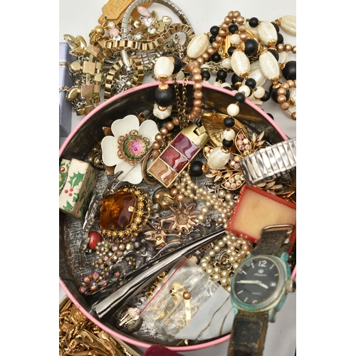 71 - A BOX OF ASSORTED JEWELLERY AND WATCHES, to include a silver hinged bangle, a silver ingot pendant, ... 