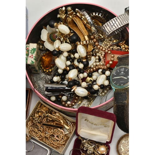 71 - A BOX OF ASSORTED JEWELLERY AND WATCHES, to include a silver hinged bangle, a silver ingot pendant, ... 