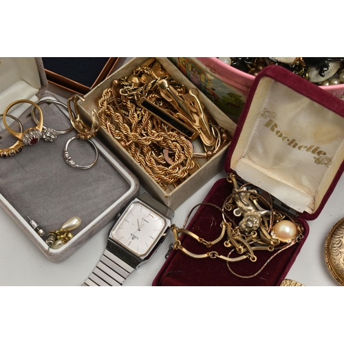 71 - A BOX OF ASSORTED JEWELLERY AND WATCHES, to include a silver hinged bangle, a silver ingot pendant, ... 