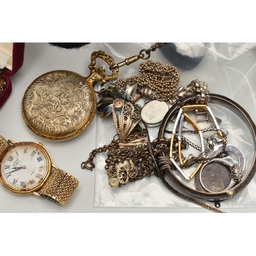 71 - A BOX OF ASSORTED JEWELLERY AND WATCHES, to include a silver hinged bangle, a silver ingot pendant, ... 