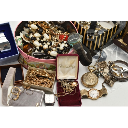 71 - A BOX OF ASSORTED JEWELLERY AND WATCHES, to include a silver hinged bangle, a silver ingot pendant, ... 