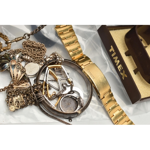 71 - A BOX OF ASSORTED JEWELLERY AND WATCHES, to include a silver hinged bangle, a silver ingot pendant, ... 