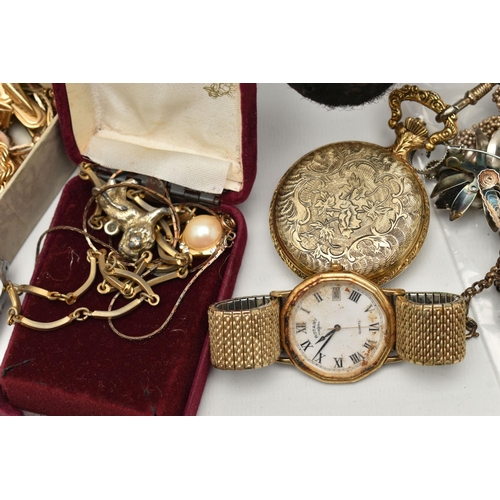 71 - A BOX OF ASSORTED JEWELLERY AND WATCHES, to include a silver hinged bangle, a silver ingot pendant, ... 