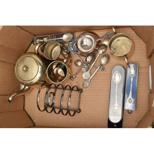 87 - A BOX OF ASSORTED WHITE METAL AND A CANTEEN, to include a teapot, a tea strainer, a toast rack, souv... 