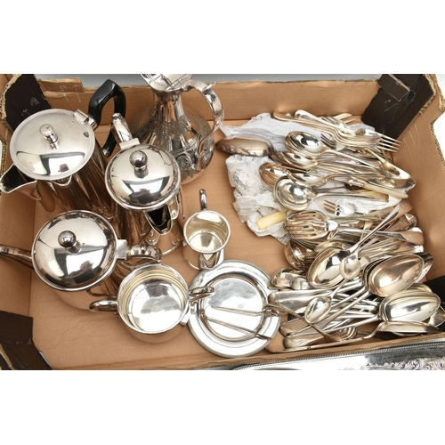 88 - A BOX OF ASSORTED WHITE METAL WARE, to include entree dish with cover, teapot, coffee pot, water jug... 