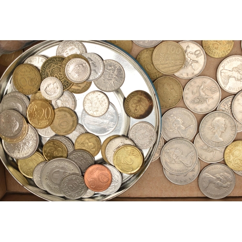 95 - A CARBOARD BOX CONTAINING MIXED COINS, to include some Euro coins and a 5 Euro banknote etc