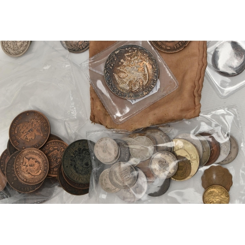 96 - A SMALL PLASTIC BOX CONTAINING WORLD COINS, with lots of 19th century coins India, Thialand, Mexico,... 