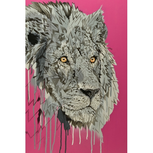 314 - STEPHEN FORD (BRITISH CONTEMPORARY) 'LION HEAD STUDY ON MAGENTA', a stylised portrait of a Lions hea... 