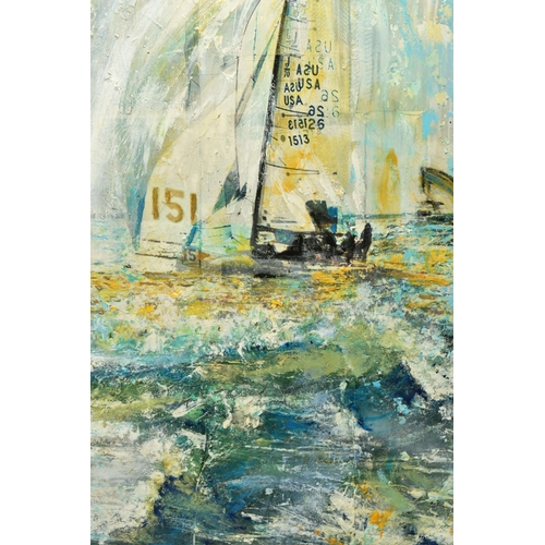 316 - GILL STORR (BRITISH CONTEMPORARY) '151' RACING YACHT, a contemporary depiction of a yacht under sail... 