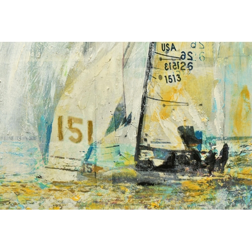 316 - GILL STORR (BRITISH CONTEMPORARY) '151' RACING YACHT, a contemporary depiction of a yacht under sail... 