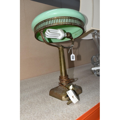 322 - A DAUM FRANCE CRYSTAL GLASS LAMP WITH SHADE, AND AN ART DECO GREEN GLASS AND BRASS DESK LAMP, a crys... 