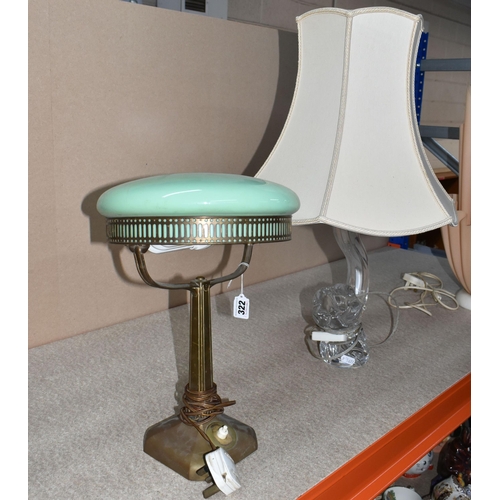 322 - A DAUM FRANCE CRYSTAL GLASS LAMP WITH SHADE, AND AN ART DECO GREEN GLASS AND BRASS DESK LAMP, a crys... 