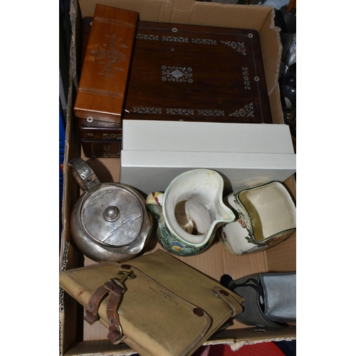 330 - TWO BOXES OF MIXED SUNDRIES, to include a vintage 'Kodak Brownie Camera' in original pouch, a Basild... 