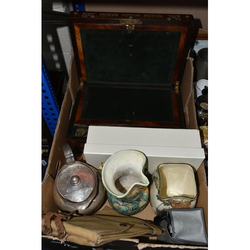 330 - TWO BOXES OF MIXED SUNDRIES, to include a vintage 'Kodak Brownie Camera' in original pouch, a Basild... 