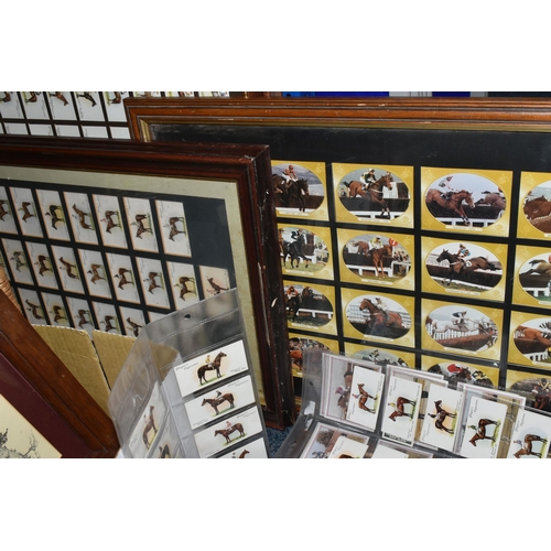 331 - A Wicker Picnic Hamper with a few utensils, five framed sets of Cigarette Cards on a Horse Racing th... 