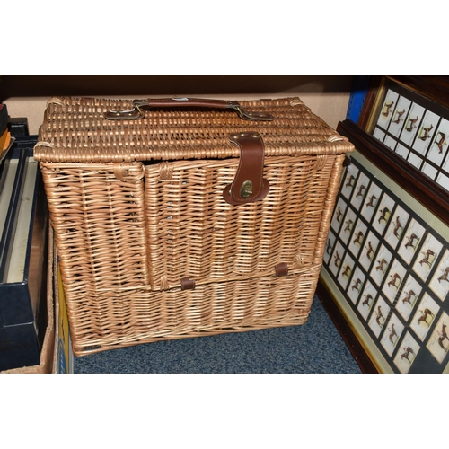 331 - A Wicker Picnic Hamper with a few utensils, five framed sets of Cigarette Cards on a Horse Racing th... 