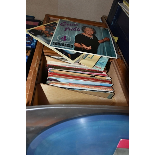 332 - A BOX AND LOOSE RECORDS, to include a small wooden cabinet containing vinyl singles by artists inclu... 