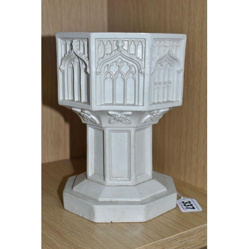 337 - A GOTHIC STYLE PARIAN WARE TABLE/TRAVELLING FONT, octagonal form, applied plaque to base reads St. M... 