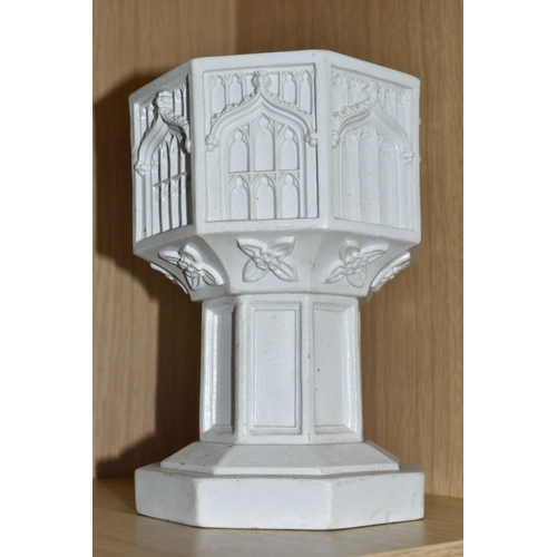 337 - A GOTHIC STYLE PARIAN WARE TABLE/TRAVELLING FONT, octagonal form, applied plaque to base reads St. M... 