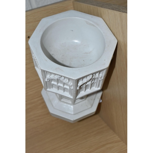 337 - A GOTHIC STYLE PARIAN WARE TABLE/TRAVELLING FONT, octagonal form, applied plaque to base reads St. M... 