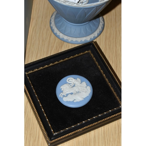 343 - A GROUP OF WEDGWOOD BLUE JASPERWARE, comprising two boxed Christmas baubles, a framed plaque and a v... 