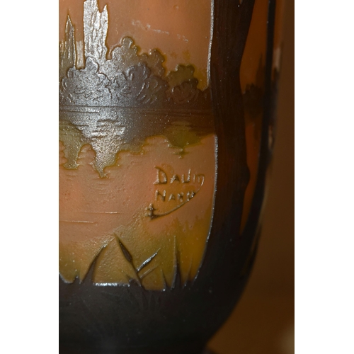 349 - AN ART DECO CAMEO GLASS VASE, bares a cameo signature to the body Daume- Nancé, brown cameo against ... 