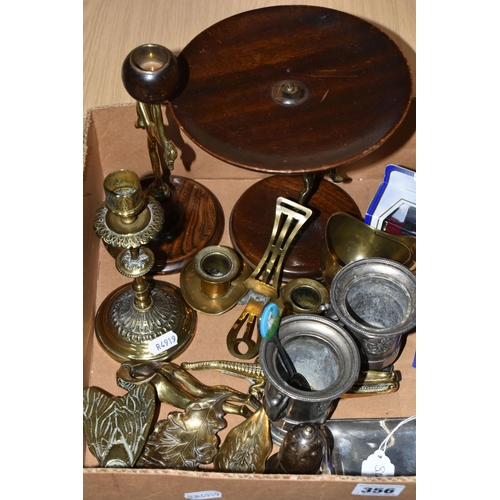 356 - ONE BOX OF BRASSWARE AND COLLECTABLES, to include a pair of Art Deco candle holders and matching fru... 