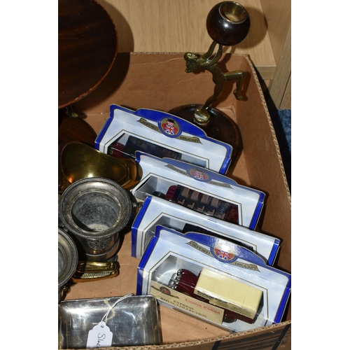 356 - ONE BOX OF BRASSWARE AND COLLECTABLES, to include a pair of Art Deco candle holders and matching fru... 