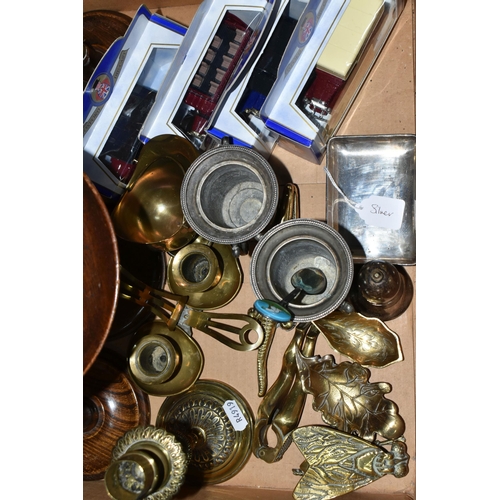 356 - ONE BOX OF BRASSWARE AND COLLECTABLES, to include a pair of Art Deco candle holders and matching fru... 