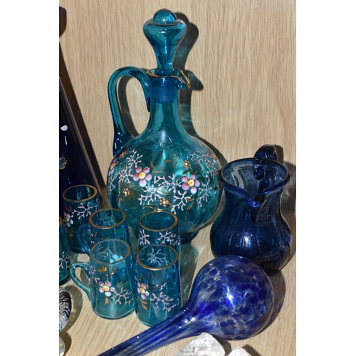 360 - A GROUP OF COLOURED ART GLASS, comprising a pale blue and white Latticino perfume bottle, a Murano g... 