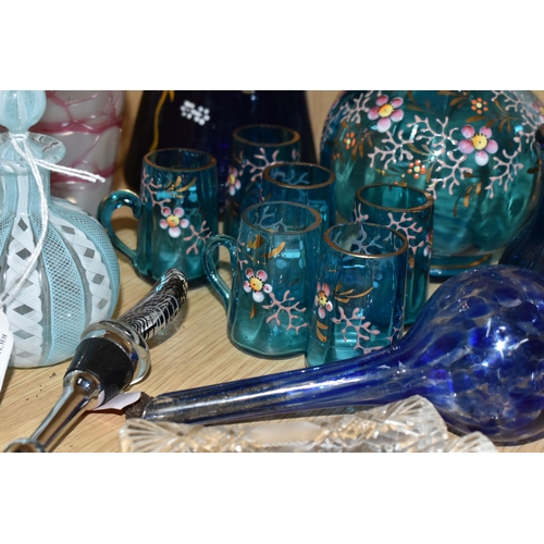 360 - A GROUP OF COLOURED ART GLASS, comprising a pale blue and white Latticino perfume bottle, a Murano g... 