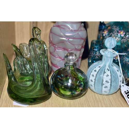 360 - A GROUP OF COLOURED ART GLASS, comprising a pale blue and white Latticino perfume bottle, a Murano g... 