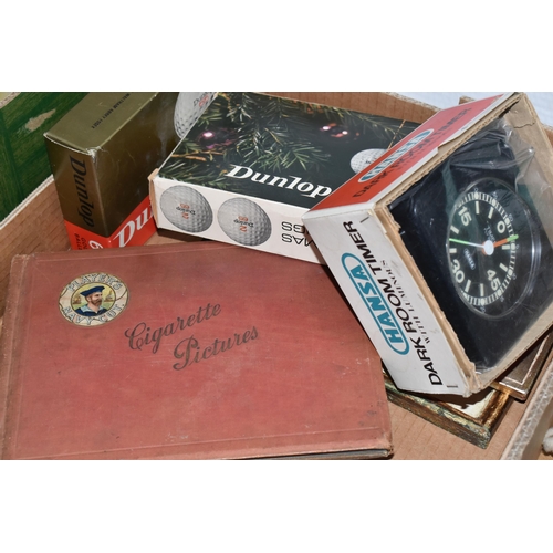 367 - A BOX OF VINTAGE SUNDRIES to include two original unopened boxes of Dunlop 65 4 golf balls with twel... 