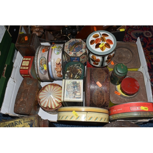 369 - ONE BOX OF TREEN AND ONE BOX OF VINTAGE TINS, to include a variety of wooden boxes, candlesticks, an... 