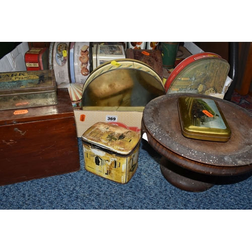 369 - ONE BOX OF TREEN AND ONE BOX OF VINTAGE TINS, to include a variety of wooden boxes, candlesticks, an... 