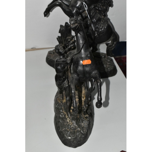 372 - A PAIR OF SPELTER MARLY HORSES, painted black, in Mould Cousteau signature to base, height 39cm x wi... 