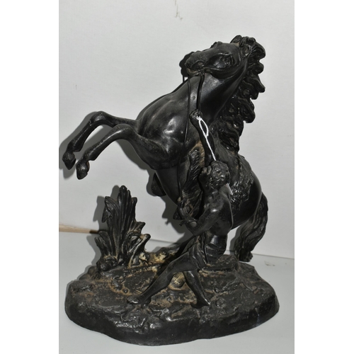 372 - A PAIR OF SPELTER MARLY HORSES, painted black, in Mould Cousteau signature to base, height 39cm x wi... 